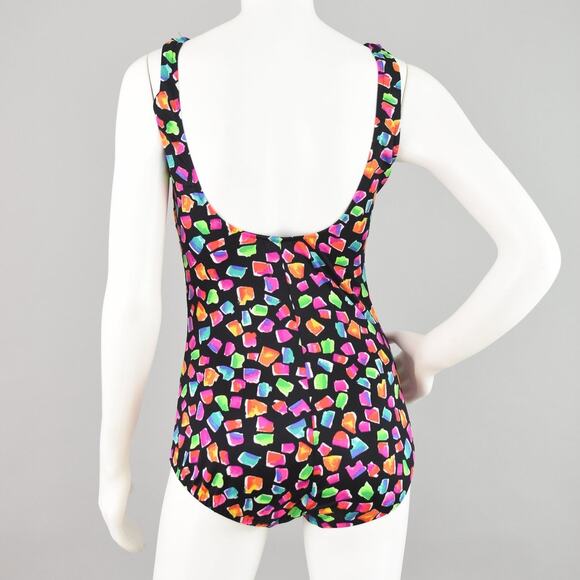80s Maxine of Hollywood Black and Pink Retro Print Swimsuit - Picture 6 of 16